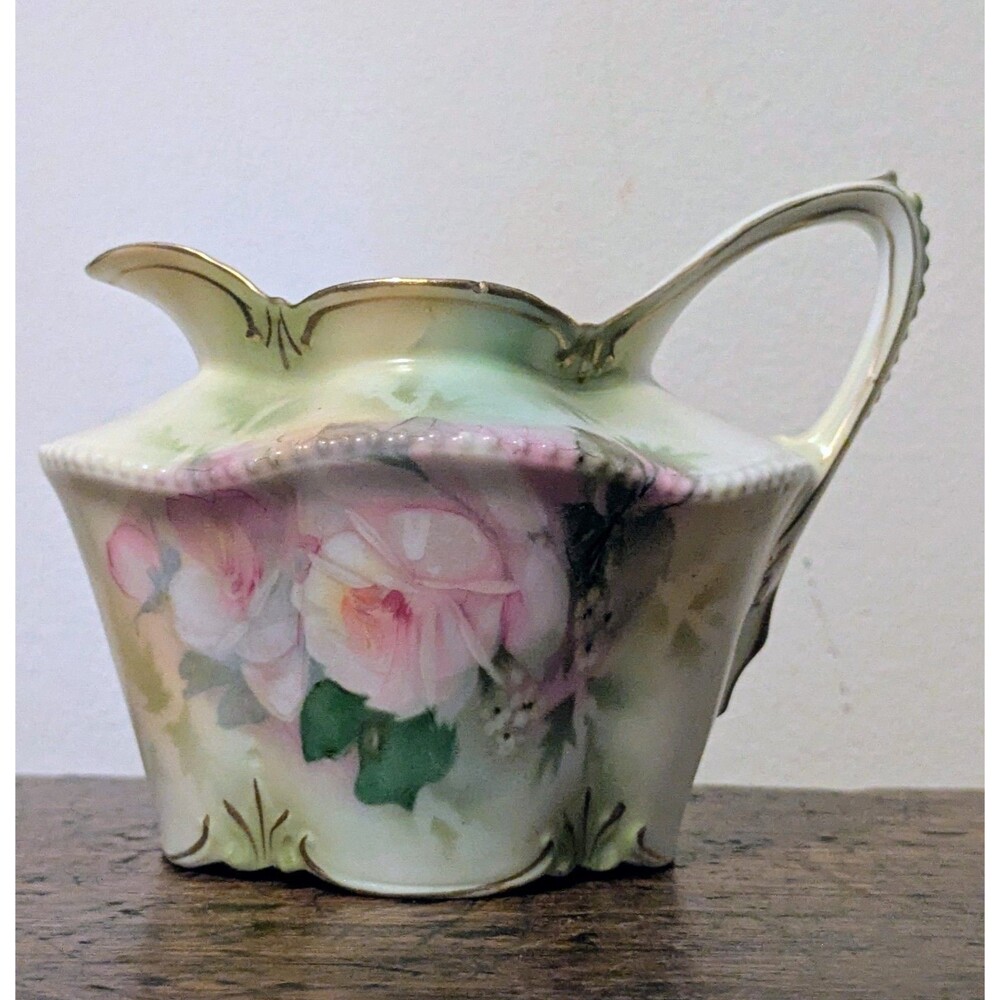 Antique RS Prussia Porcelain Creamer Pitcher Pink Cabbage Roses Floral Gold Trim - Picture 2 of 9